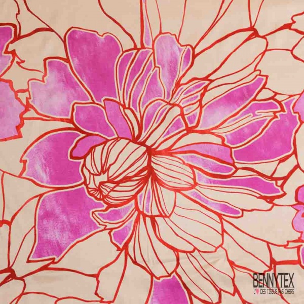Satin viscose imprimé digital floral tropical pêche rose