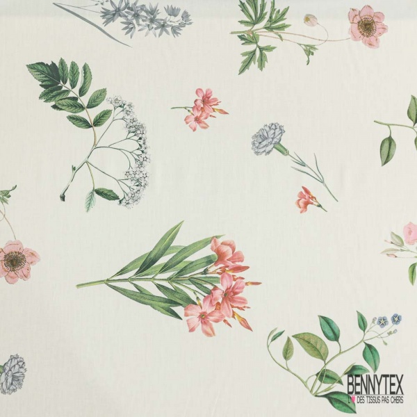 Popeline coton élasthanne digital floral champêtre fond crème