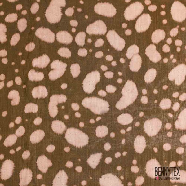 Voile lin imprimé abstrait fondu beige fond vert brun