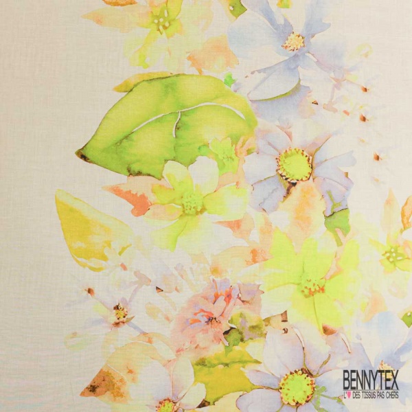 Voile coton imprimé floral champêtre pastel fond crème