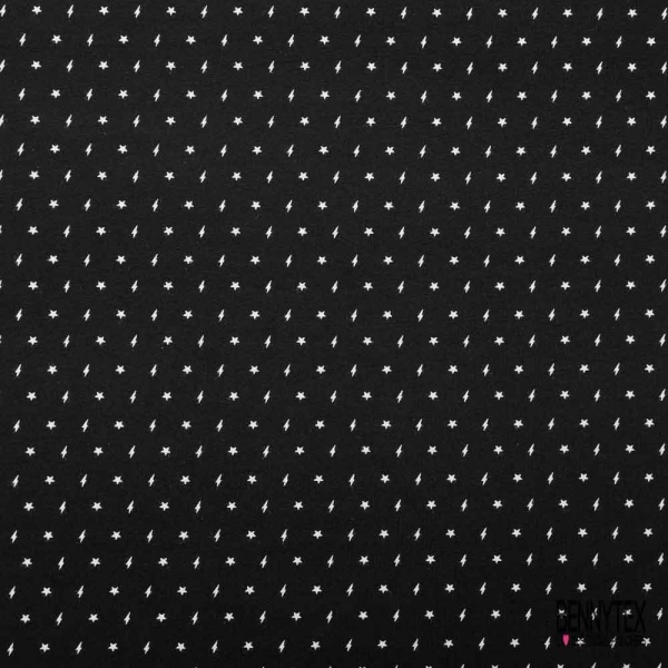 Molleton gratté imprimé étoile éclair blanc fond noir grande laize
