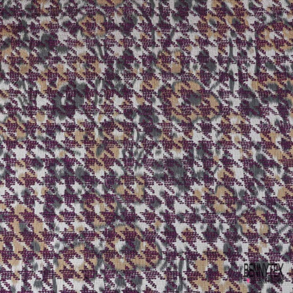 Coupon 3m Jacquard pied de coq prune fin motif floral stylisé