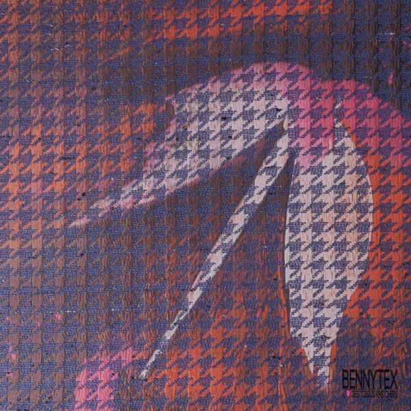 Coupon 3m Jacquard pied de coq marine fin motif floral stylisé