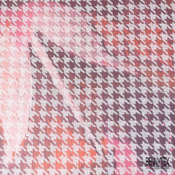 Coupon 3m Jacquard pied de coq orange marron fushia fin motif grande fleur