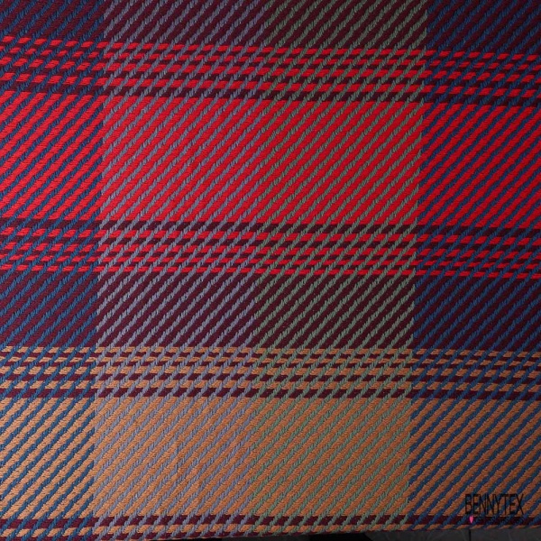 Coton natté motif tartan kaki rouge ocre marine bordeaux