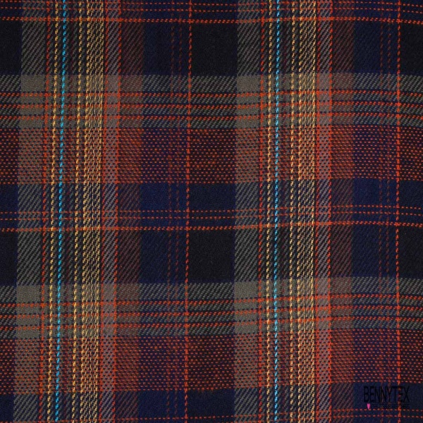 Coton natté fin fluide souple motif tartan kaki bleu nuit orange turquoise jaune or