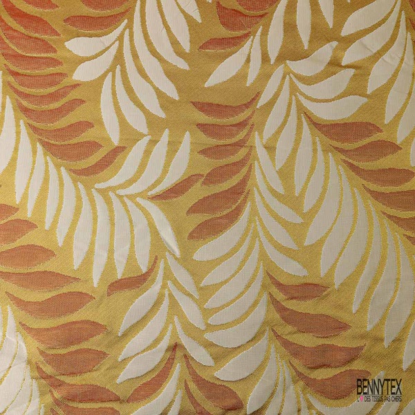 Coupon 3m Brocart haute couture motif nature ton ocre rouge vanille fond olive dorée