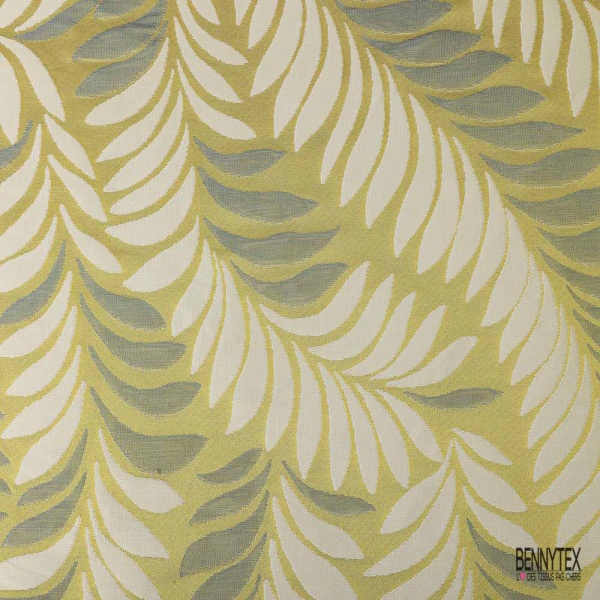 Coupon 3m Brocart haute couture motif nature ton kaki givré crème de banane blanc