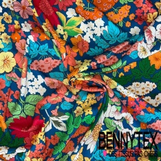 Crêpon viscose imprimé amérindien fondu bleu capitaine vert émeraude fond blanc discret petite laize