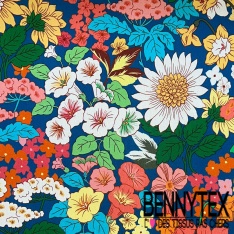 Crêpon viscose imprimé amérindien fondu bleu capitaine vert émeraude fond blanc discret petite laize