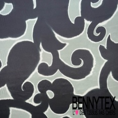 Satin viscose imprimé digital floral cachemire aiguille de pin beige fond blanc cassé