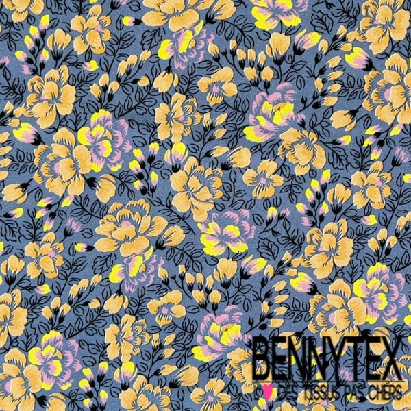 Fibranne viscose imprimé digital floral fond bleu de l'Orient