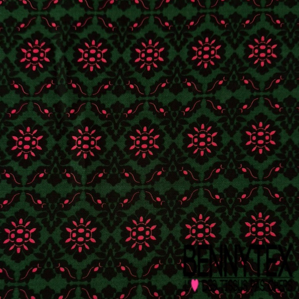 Twill satin viscose imprimé digital floral stylisé rose fond vert sapin