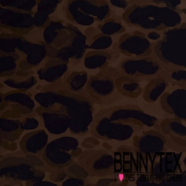 Voile de coton élasthanne satiné grand imprimé léopard noir bleuté fond cappuccino