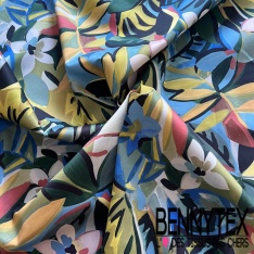 Satin coton élasthanne imprimé palmier fond crème stylisé