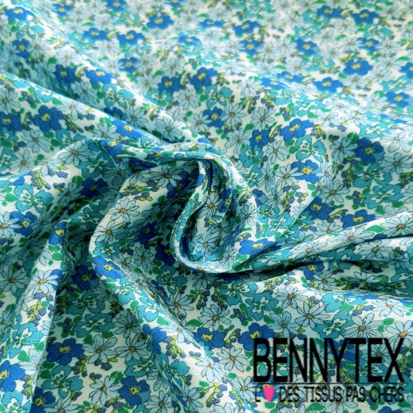 Coton double gaze esprit LIBERTY imprimé digital floral camaïeu de bleu fond soupçon de bleu