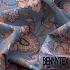 Velours milles raies élasthanne imprimé grande fleur cachemire fond bleu charron