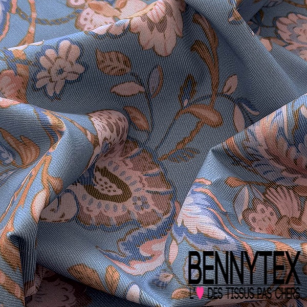Velours milles raies élasthanne imprimé grande fleur cachemire fond bleu charron