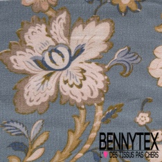 Velours milles raies élasthanne imprimé grande fleur cachemire fond bleu charron