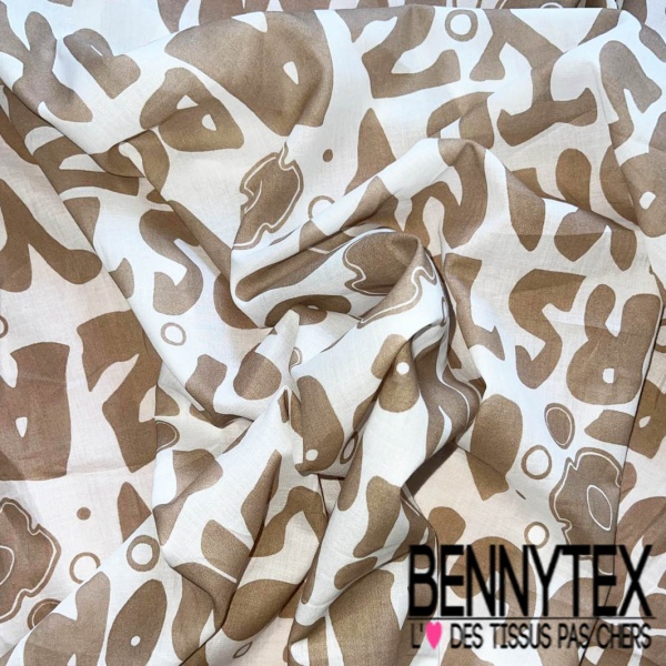 Voile coton élasthanne imprimé lettre beige fond blanc discret