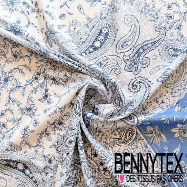 Voile coton élasthanne imprimé cachemire ton bleu fond blanc discret