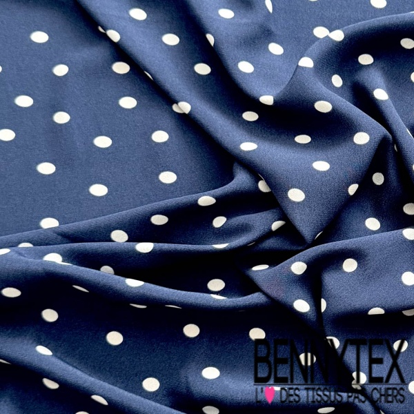 Crêpe viscose motif pois blanc fond marine