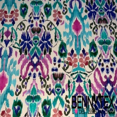 Fibranne viscose imprimé digital floral champêtre fine rayure verticale lurex argent fond bleu nuit