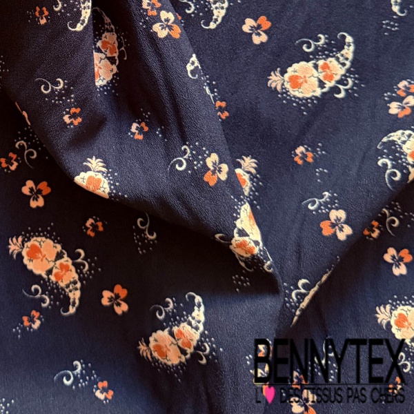 Crêpe viscose motif pois blanc fond marine