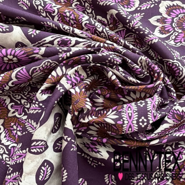 Popeline coton élasthanne motif amérindien prune blanc cassé orchidée