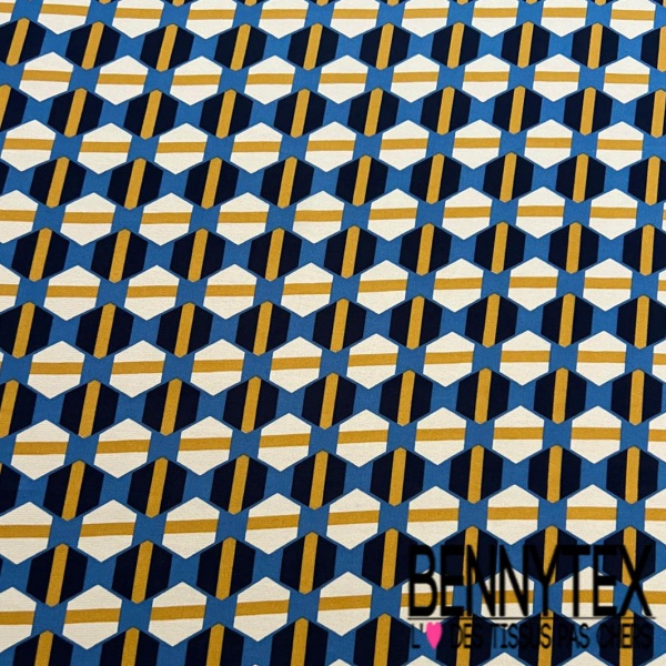 Mousseline viscose imprimé géométrique seventie's ocre bleu blanc cassé marine