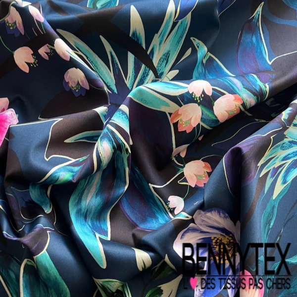 Satin coton élasthanne grand imprimé floral fond navy