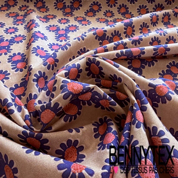 Voile coton élasthanne imprimé floral naïf marine corail fond beige chaud