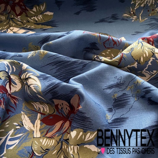 Lin coton imprimé plante tropicale et mer fond bleu charron