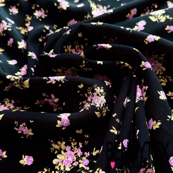 Crêpe viscose motif floral champêtre rose fond noir profond