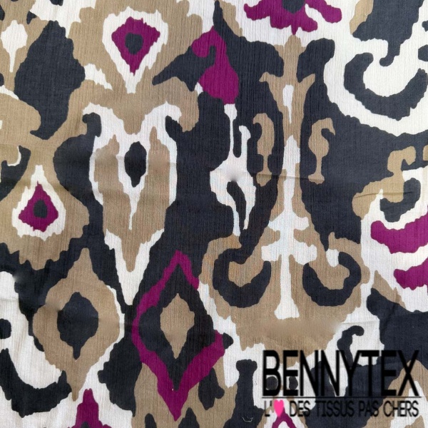Voile coton crêpon grand imprimé amérindien orchidée beige noir