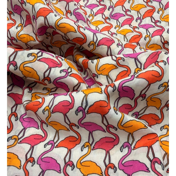voile de coton flamant rose multicolor fond ecru