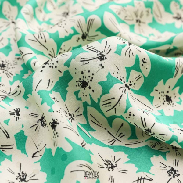 satin viscose fleurs et petit poids jacquard vert turquoise