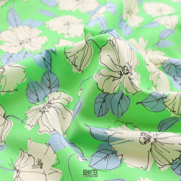 coton swiss satinée souple vert fluo fleurs moyenne