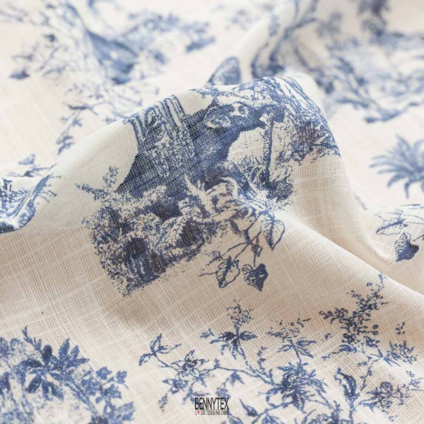 coton effet lin voile fond blanc toile de jouy