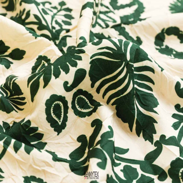 satin de viscose froissé fond ecru vert duck sandra