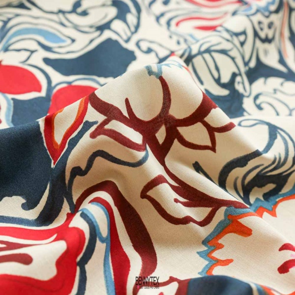 COTON SOUPLE fond blanc cassé sur marine fleurs rouge orangé