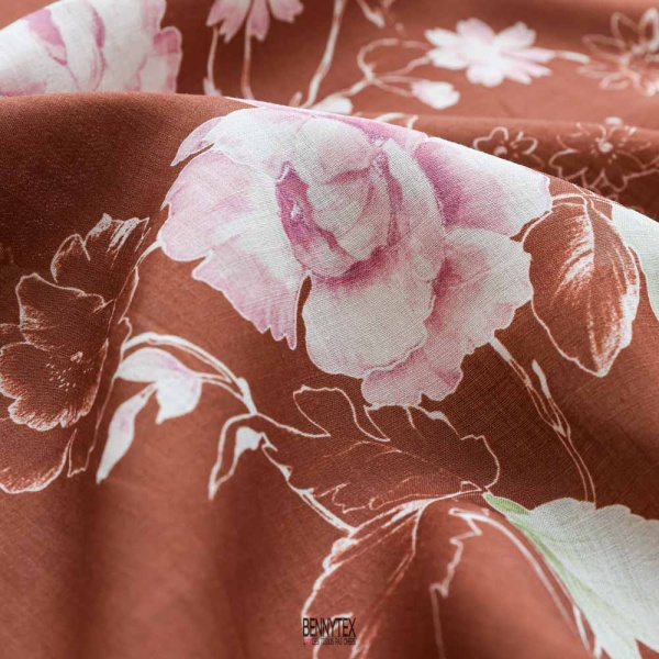 voile de gaze effet lin chemise coton fond brique fleur rose blanche