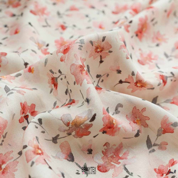 fibranne viscose petite fleurs fond ecru rose poudre