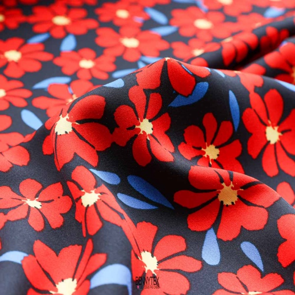 satin viscose marguerite rouge fond marine