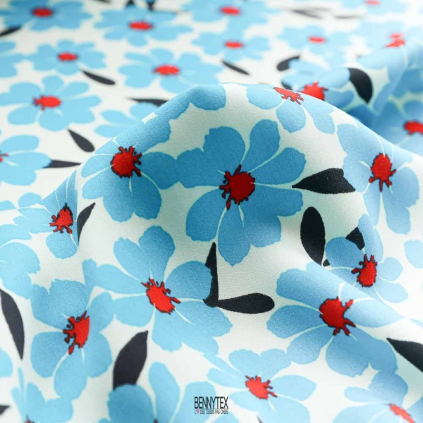 satin de viscose fleurs marguerite fond casée fleurs ciel