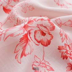 voile effet lin chemisier coton fond rose clair fleurs rouge clair