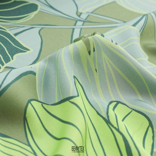 satin viscose grosse fleurs anis vert olive aqua