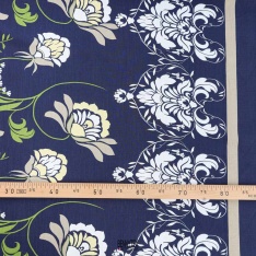 lin coton imprimé fleurs fond marine feuille