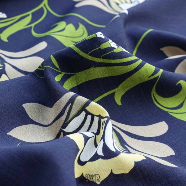 lin coton base simple imprimé fleurs fond marine feuille