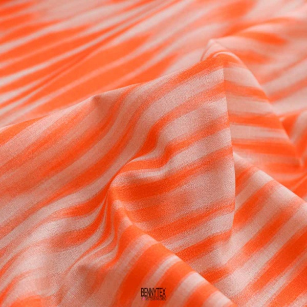 voile de coton fluo orange rayure fond beige ecru